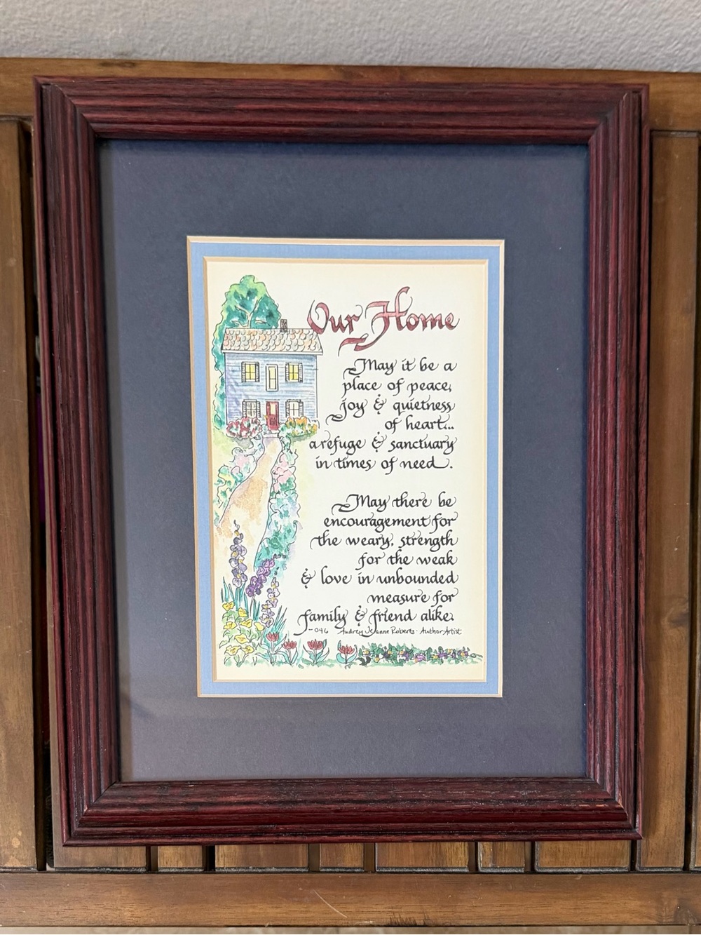 VTG Audrey Jeanne Robert’s Framed 'Our Home' Watercolor Print in Dark Frame